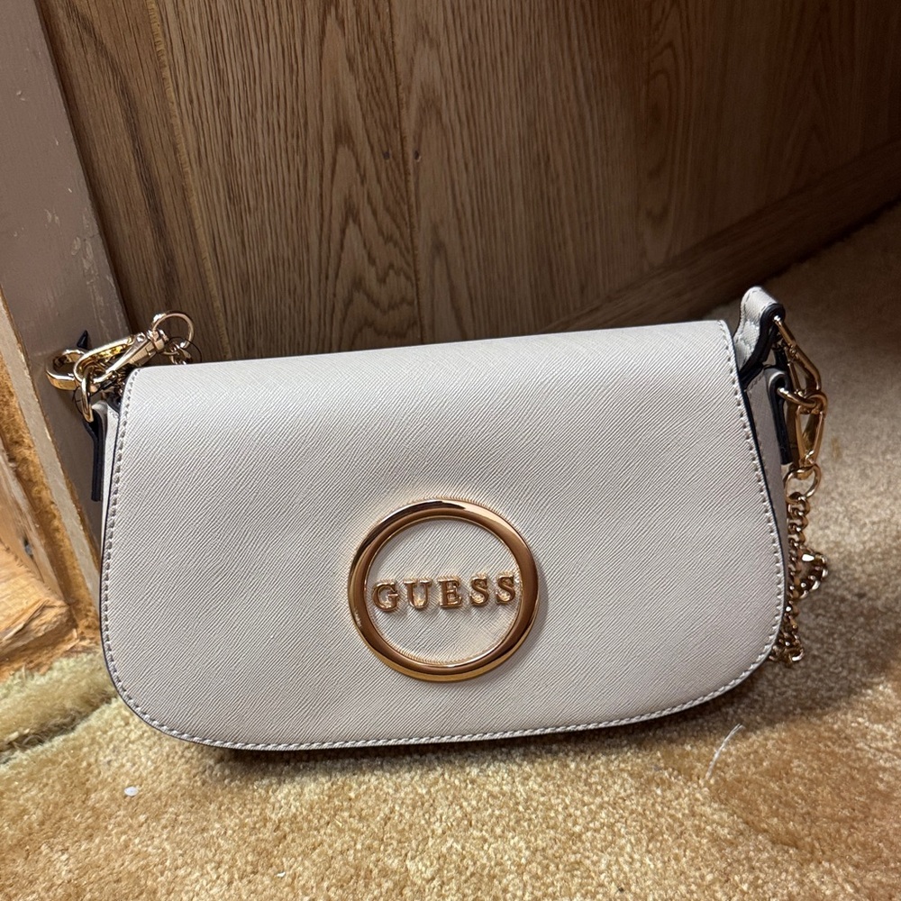 GUESS Cream Crossbody Bag with Gold Accents